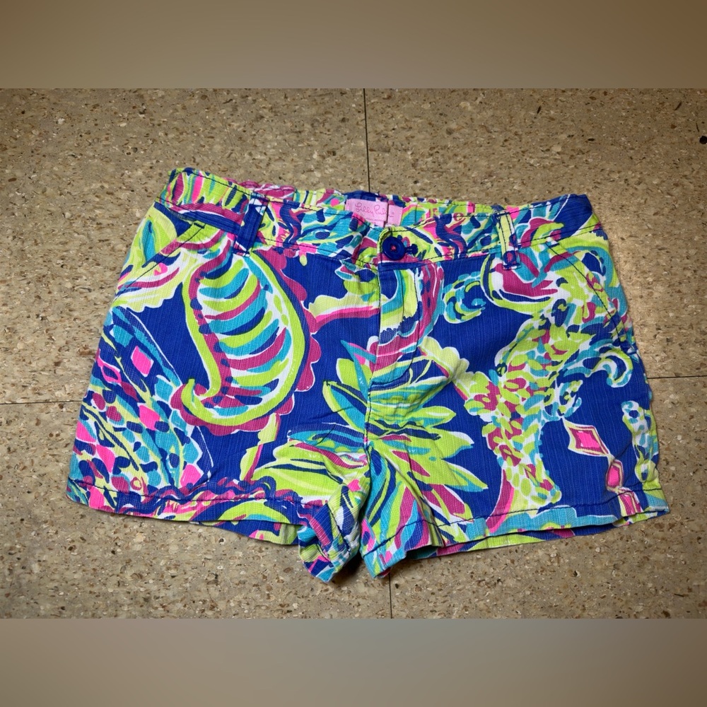 Lilly Pulitzer Girls Floral Neon Blue Green Pink‎ Shorts Adj Waist Summer Sz 12